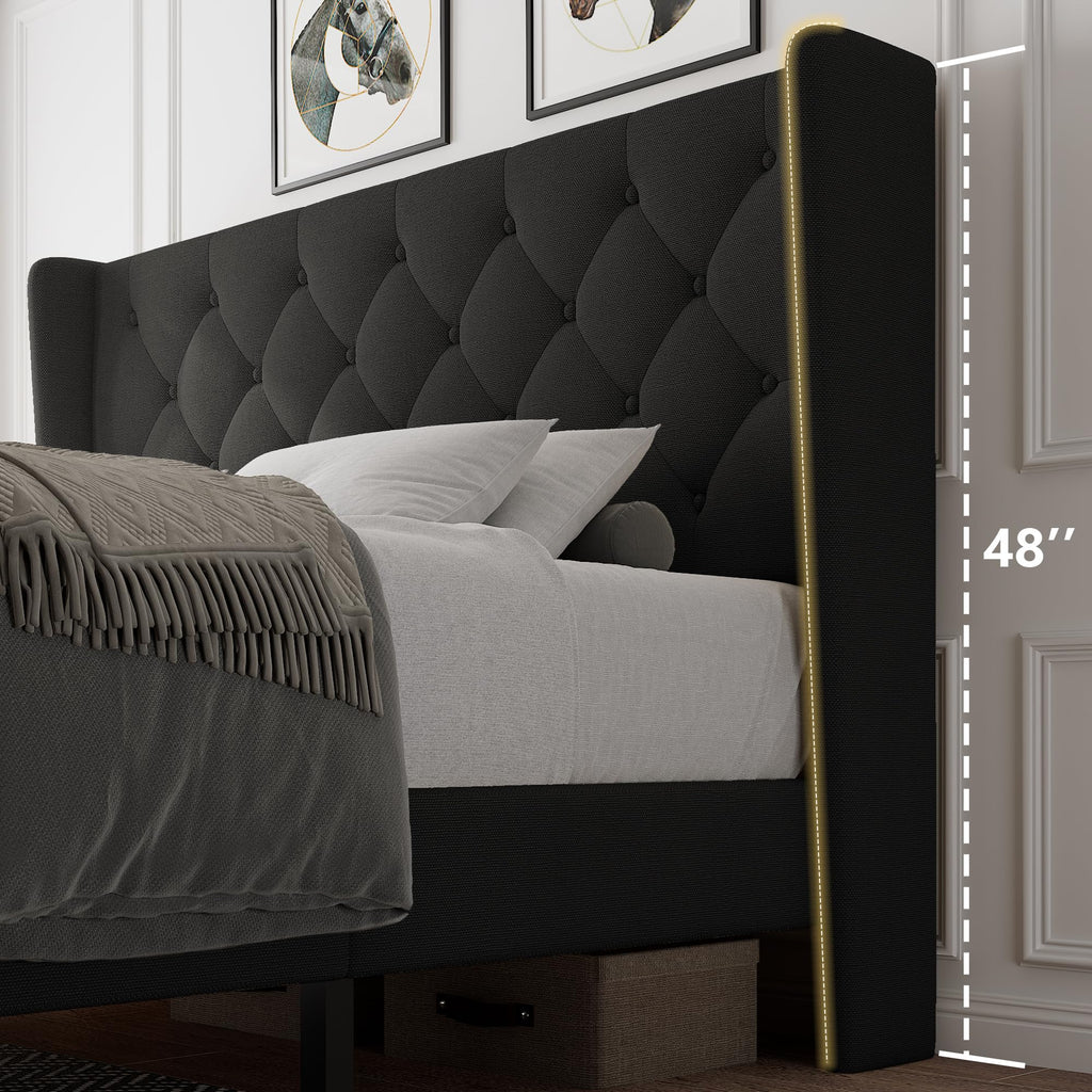 Queen Size Upholstered Platform Bed Frame with Tufted Headboard J62817