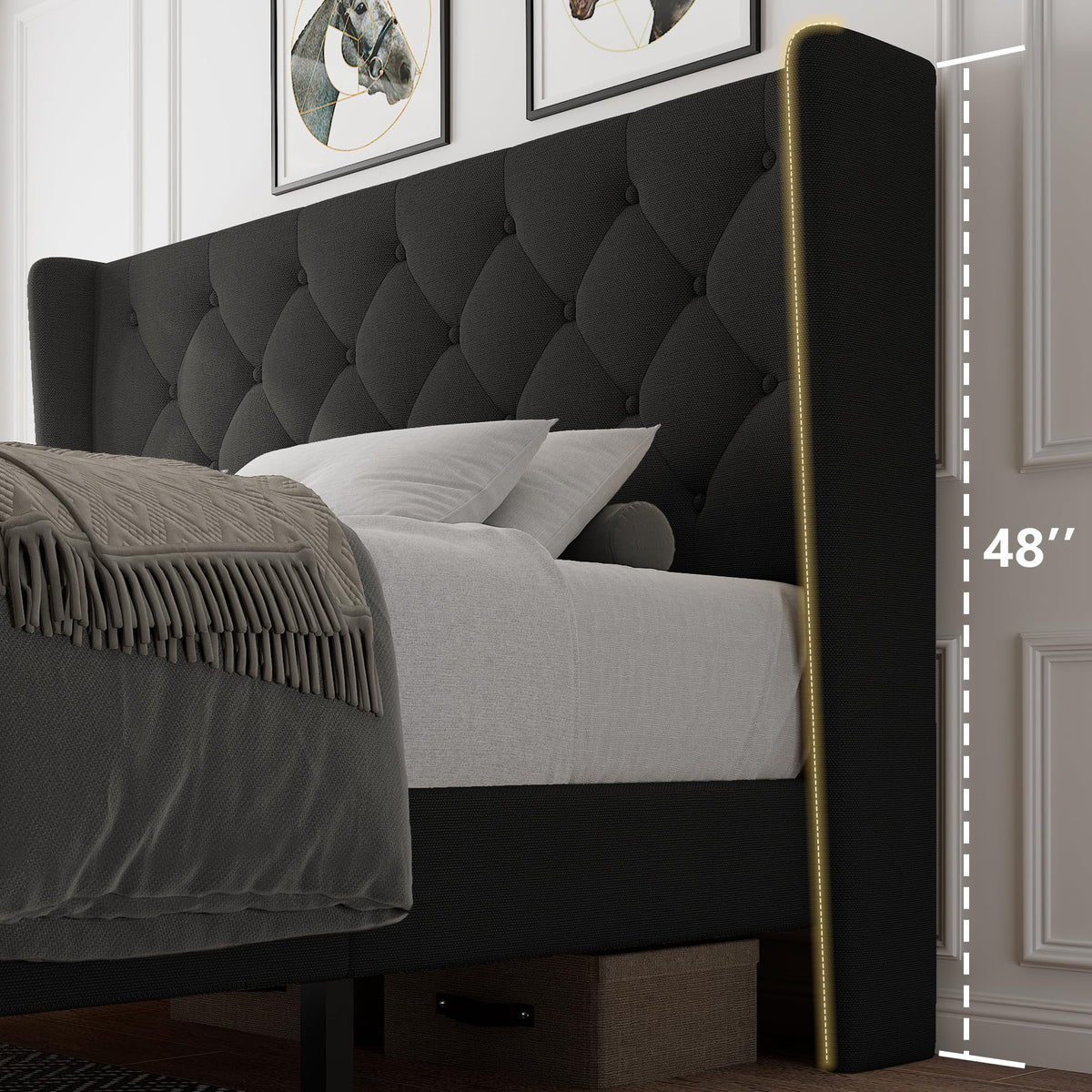 Queen Size Upholstered Platform Bed Frame with Tufted Headboard J62817